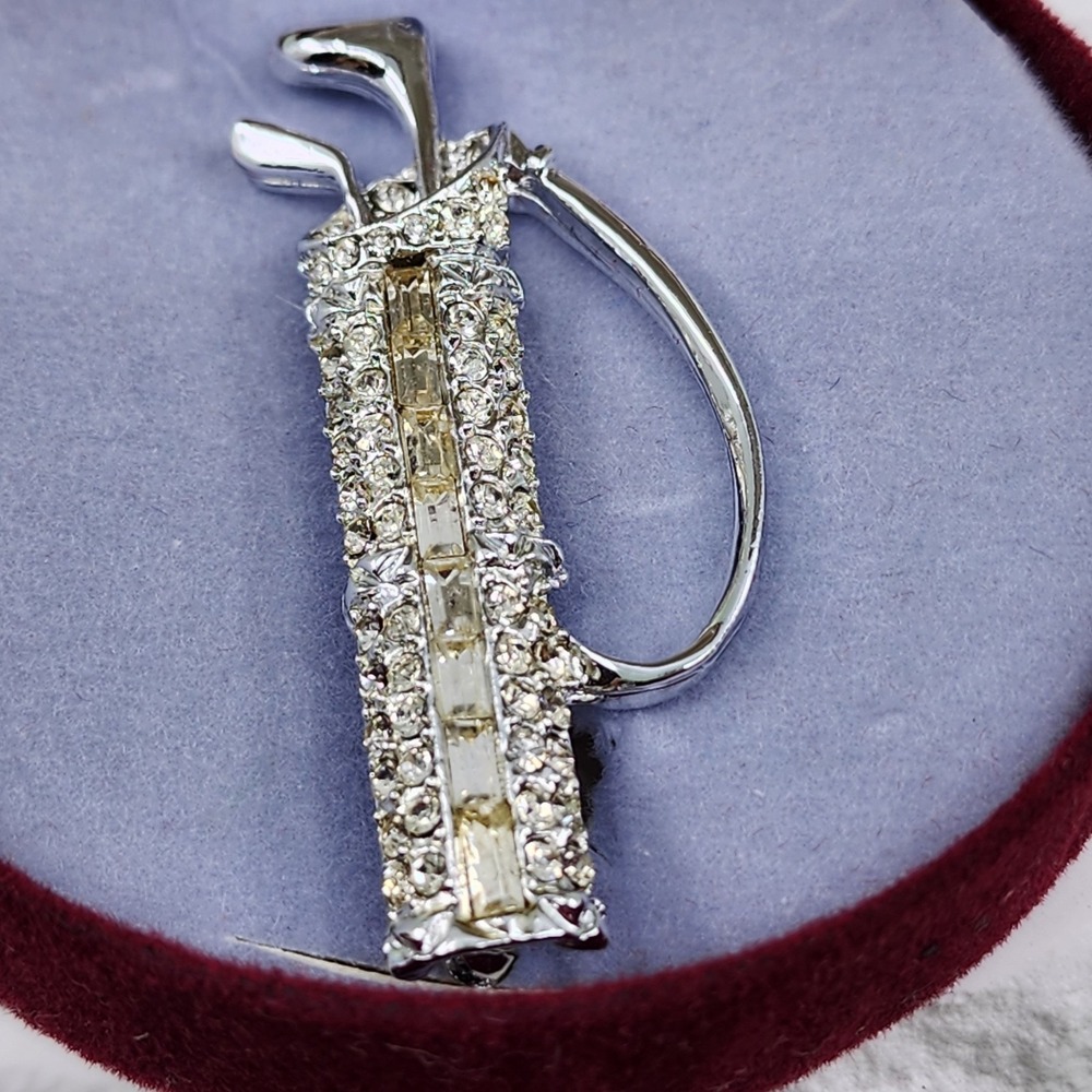 Vintage Rhinestone Golf Bag Brooch Silver Tone Crystal Clubs Sports Golfer Pin